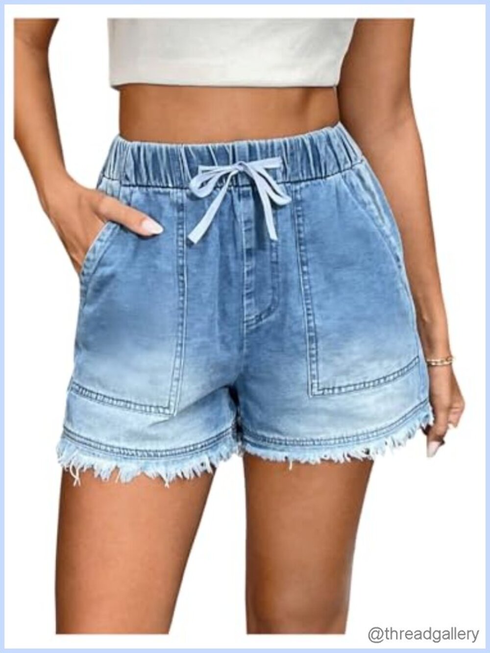 Washed Denim Jean Shorts Drawstring Raw Trim Casual Summer
